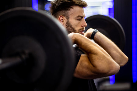 A man engages in weightlifting at a gym, focusing on improving his strength. He is seen lifting a barbell with determination, surrounded by workout equipment and blue lighting.の写真素材