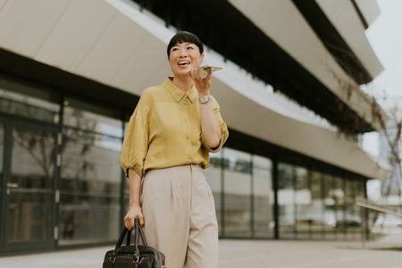 A woman in a yellow blouse and beige trousers is smiling and talking on her phone outside a sleek, contemporary building. She carries a black bag, showcasing her stylish outfit.の写真素材