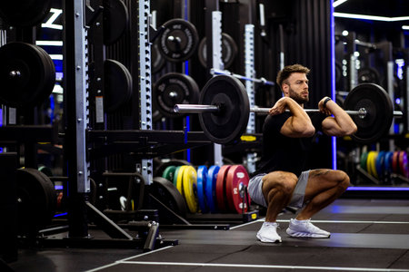 A man focuses intensely as he performs a barbell squat in a well-equipped gym. The vibrant weights on the racks add color to the background, showcasing a lively atmosphere.の写真素材