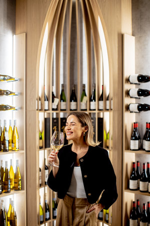 A woman sips wine with a joyful smile in a chic wine cellar adorned with elegant bottles. The...