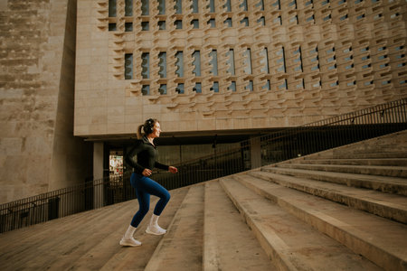 A woman runs up the stairs of a modern building in Malta. She wears exercise clothes and headphones....