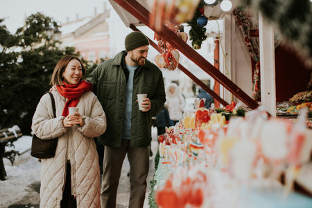 A Korean woman and a Caucasian man are at a festive market during the winter. They hold cups in their hands and look at colorful decorations and treats on display while smiling.の写真素材