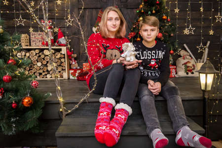 handsome boy in a New Year's sweater sits with a girl and a toy squirrel on the sofa near a decorated Christmas treeの写真素材