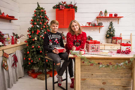 young blonde girl in a red christmas sweater with a boy sitting on a high chair in the christmas kitchenの写真素材