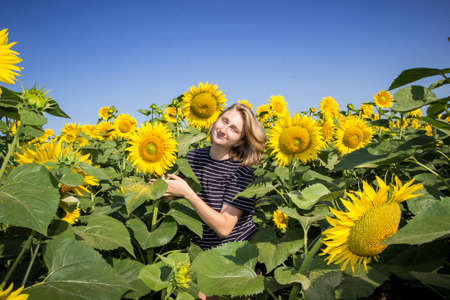 young girl schoolgirl in nature in a field with sunflowersの写真素材