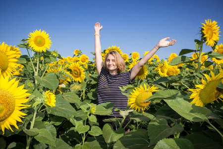 young girl schoolgirl in nature in a field with sunflowersの写真素材