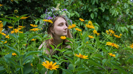 girl in a sundress and a wreath of wild flowers in the garden near yellow daisiesの写真素材