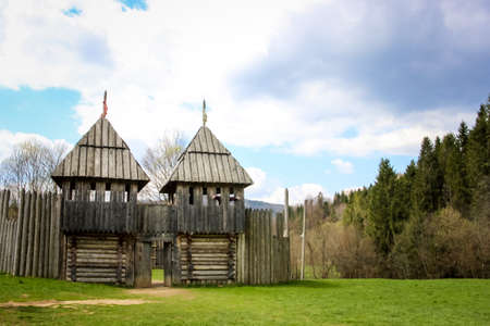 young girl and boy tourists in the forest, Tustan Fortress, Carpathians, Western Ukraineの写真素材