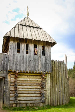 young girl and boy tourists in the forest, Tustan Fortress, Carpathians, Western Ukraineの写真素材