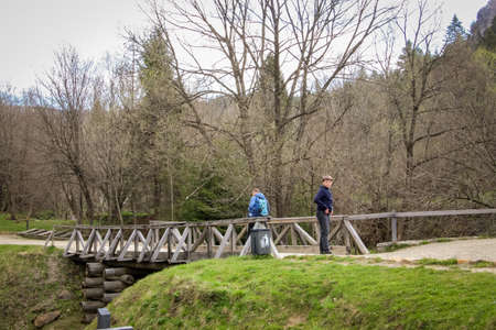young boy tourist in the forest, Fortress, Tustan, Carpathians, Western Ukraineの写真素材