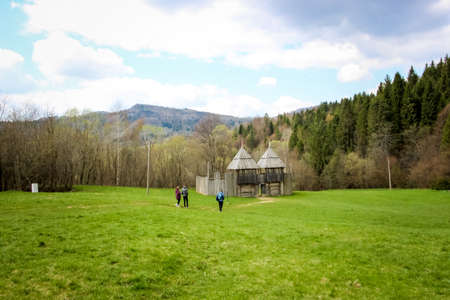 Tustan Fortress, Carpathians, Western Ukraine, log models of a mini fortress in a coniferous forestの写真素材