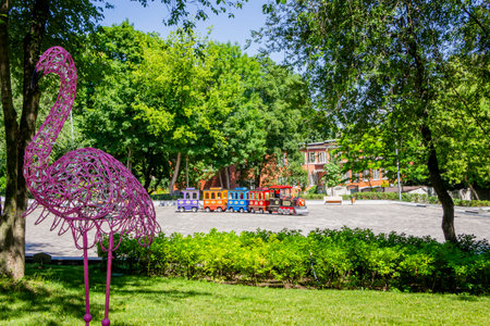 Colorful children's playground in the city park on a sunny summer dayの写真素材