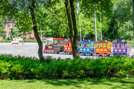 Colorful toy train in Kolobrzeg, Polandの写真素材