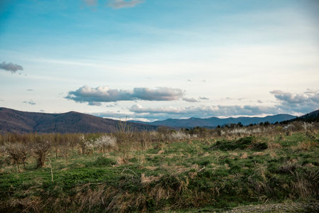 Beautiful autumn landscape in the mountains. Blue sky with clouds.の写真素材