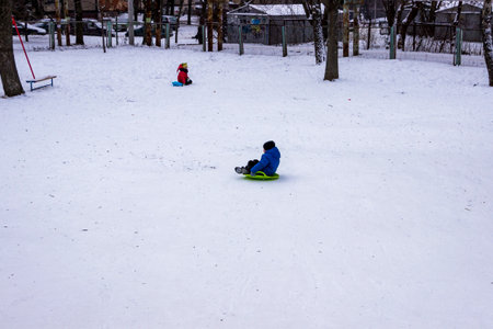 on  sled, children ride, snowy park, rest, entertainment, yard, family, full-length,schoolchildren,...