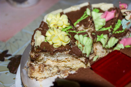 sliced ââchocolate cake, with cream,  dessert, on table, decorated, black icing, butter flowers, pastries, jelly, delicious food, airy meringues, white dough, cocoa,の写真素材