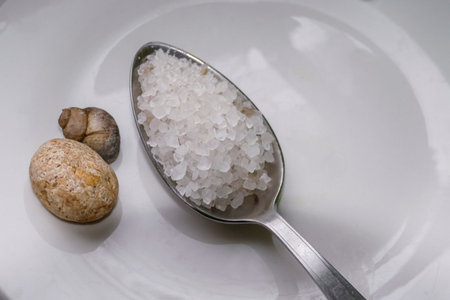 coarse sea salt in metal spoon on white plate, stone, gray shell, coarsely ground, large crystals, transparentの写真素材