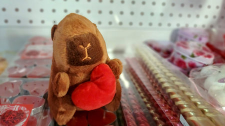 soft brown toy capybara holds red heart, embroidered eyes, nose, thematic souvenir, pink candles, for holiday,の写真素材