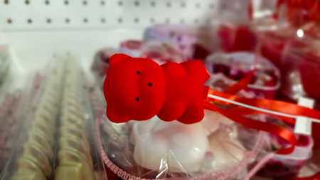 souvenir bears on sticks made of foam, red with velvet coating, decorative elementsの写真素材