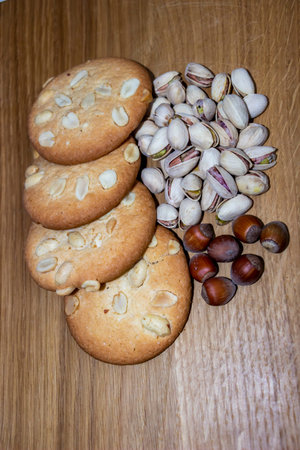 cookies with pistachios in shell, hazelnuts, popular dessertの写真素材