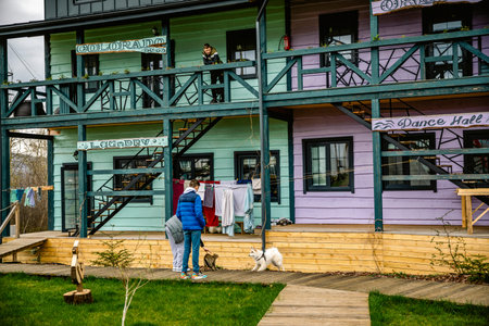white dog barks under holiday home, plays with teenagers, boys, curled tail, Icelandic sheepdog,...