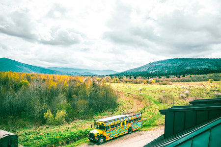 equipped bus on road among picturesque landscape, camp on wheels, mountain range, children's,...