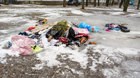 garbage dump in city park, household waste covered with snow Christmas tree, shoes, clothes,...