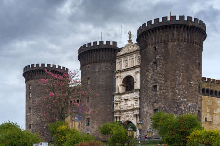 NAPLES, ITALY - NOVEMBER 05, 2018 - The medieval castle of Maschio Angioino or Castel Nuovo New Castle and the silk tree in bloom, Napoliのeditorial素材