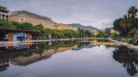 Nice, France - Nov 2, 2018 - Promenade du Paillon fountains with peopleのeditorial素材