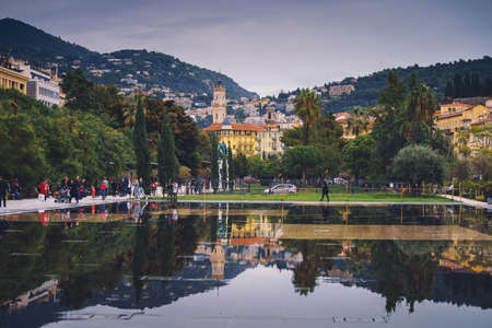Nice, France - Nov 2, 2018 - Promenade du Paillon fountains with peopleのeditorial素材
