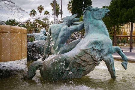NICE, FRANCE - 02 NOV, 2018 - Details of fountaine du Soleil on Massena squareのeditorial素材