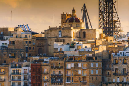 VALLETTA, MALTA - NOVEMBER 12, 2018 - Panoramic view of the Grand Harbor Tricity bay, Birgu and Senglea islands with ships and boats in the portのeditorial素材