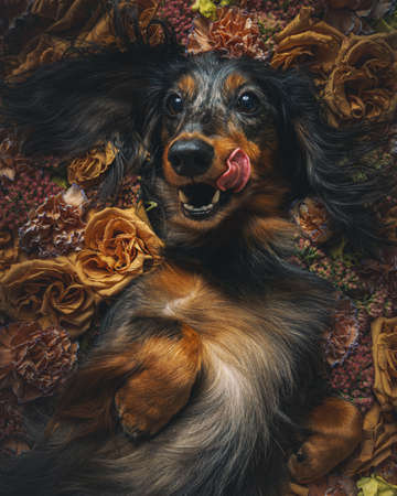 beautiful dachshund dog lies in a meadow of brown flowersの写真素材