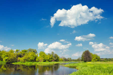 landscape with flood waters of narew river, poland. beautiful wallpaper.の写真素材
