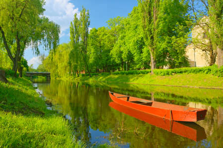 Boat on the river  Spring landscape の写真素材