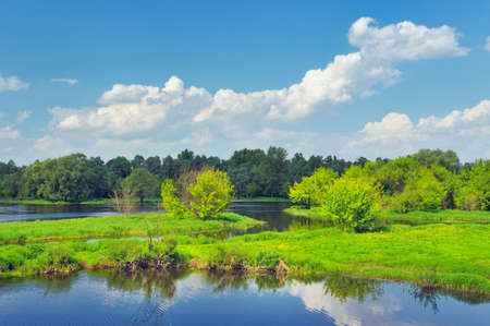 Rural landscape with flood waters of Narew river, Poland  Beautiful wallpaper の写真素材