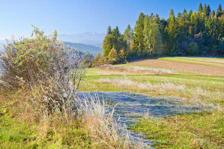 Mountain landscape with frozen grass  View from Spisz  Polandの写真素材