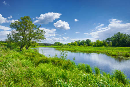 Spring summer river landscape blue sky clouds countrysideの写真素材