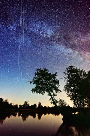 Milky Way and satellites visible at night sky from Earth, Central Europe. United States Space Force. Radarsat GPS network internet 5G Starlink Space X.のeditorial素材