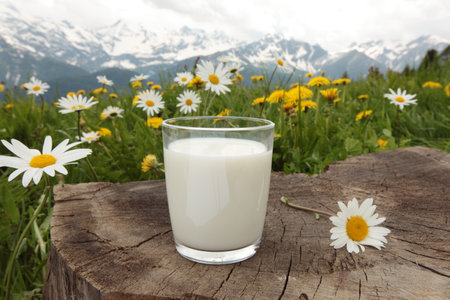 Glass of milk on a wooden table with daisies and mountains in the backgroundの写真素材