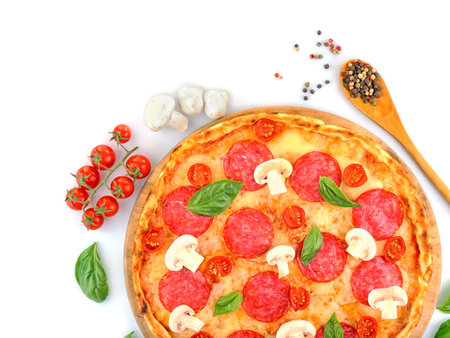 Pizza with salami and mushrooms isolated on whiteの写真素材