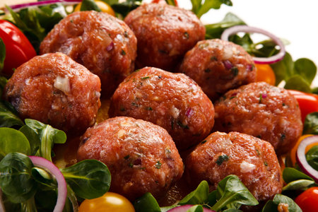 Meatballs with arugula salad on a white background close upの写真素材