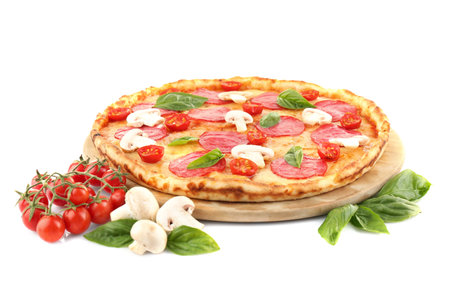 Pizza with salami and mushrooms isolated on whiteの写真素材