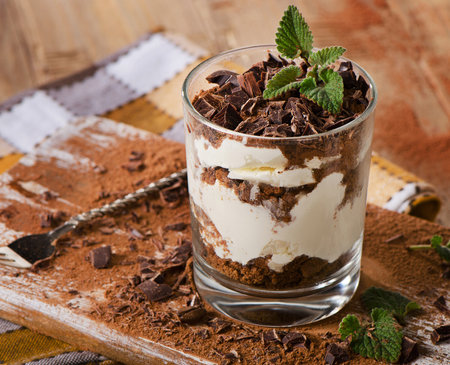 Tiramisu cake with mint. Selective focusの写真素材