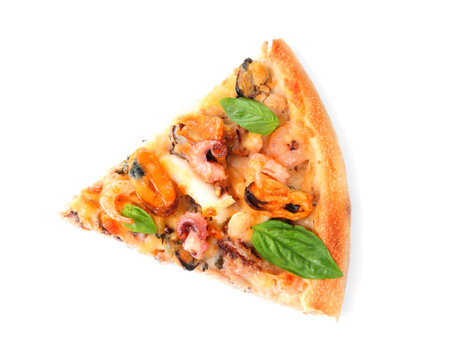 Delicious slice of seafood pizza isolated on whiteの写真素材