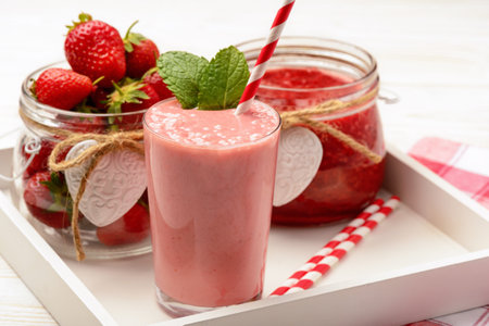 Strawberry smoothie in a glass jar on a white wooden backgroundの写真素材