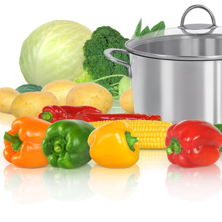 Vegetables and pot isolated on white background. 3d illustrationの写真素材