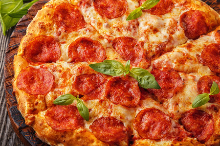 Pepperoni pizza with mozzarella cheese and tomato sauce, selective focus.の写真素材