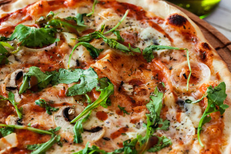 Delicious Pizza On Wooden Boardの写真素材