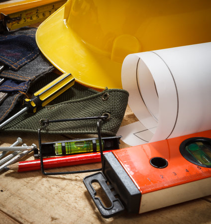 tool renovation on brown woodの写真素材